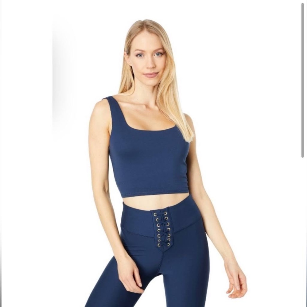 WeWoreWhat Straight Neck Crop Top and leggings navy
